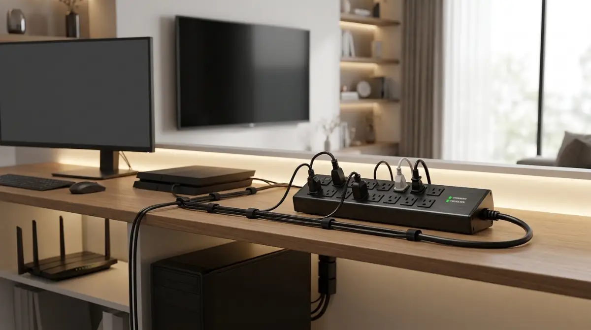 Best Surge Protectors (2026): 10 Top Picks Tested Modern surge protector power strip connected to home electronics including a computer, monitor, television, and gaming console