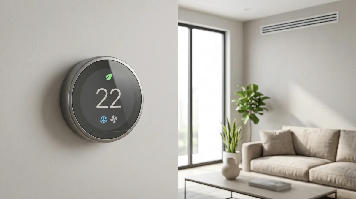 Best Thermostats (2026): 10 Models Tested for Energy Savings Modern smart thermostat mounted on a wall displaying energy-efficient temperature control in a contemporary home