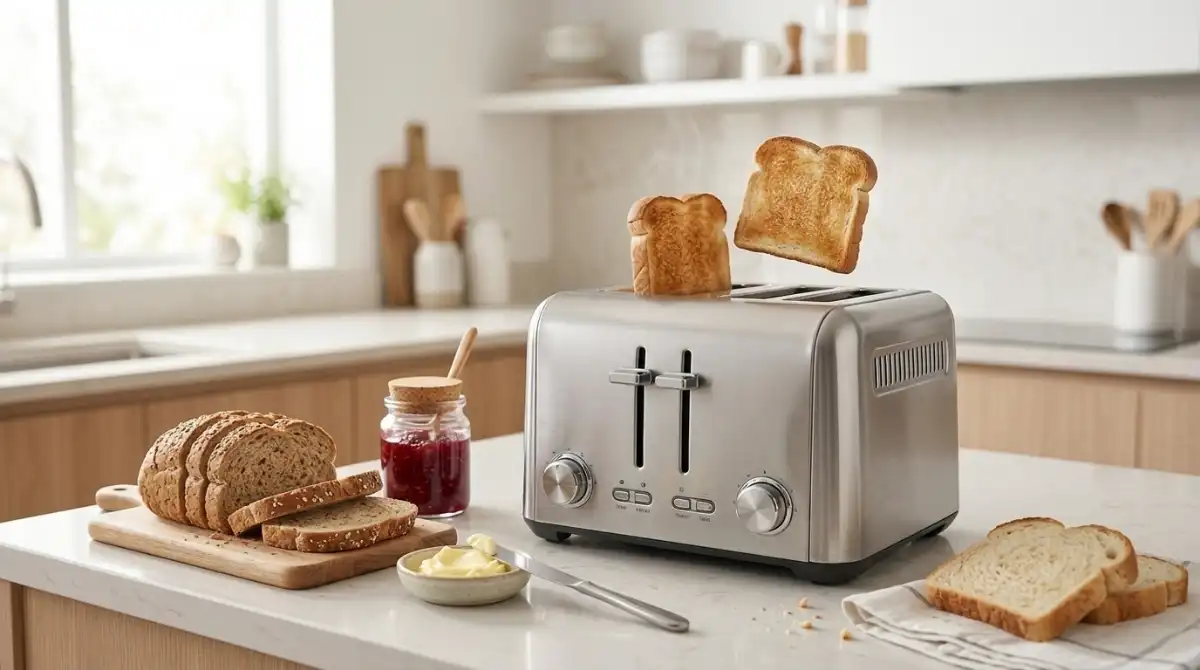 Best Toasters (2026): 10 Models Tested & Reviewed Modern stainless steel toaster on a kitchen countertop with perfectly golden toasted bread beside it