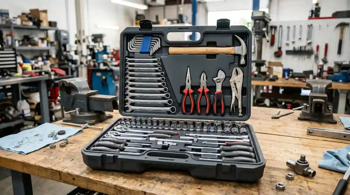 Best Tool Sets (2026): 12 Top-Rated Kits Reviewed Professional tool set organized inside an open toolbox with sockets, screwdrivers, wrenches, and pliers on a workbench