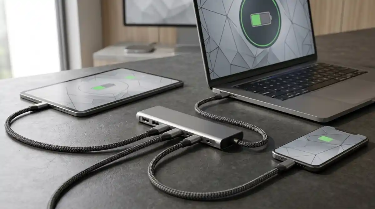 Best USB-C Cables (2026): Complete Buying Guide Premium USB-C cables neatly arranged beside a modern smartphone, tablet, and laptop highlighting fast charging and data transfer