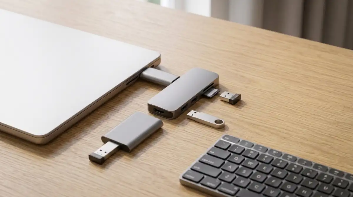 Best USB Hubs (2026): Complete Connectivity Guide Modern USB-C hub connected to a laptop with multiple USB devices, memory cards, and external accessories