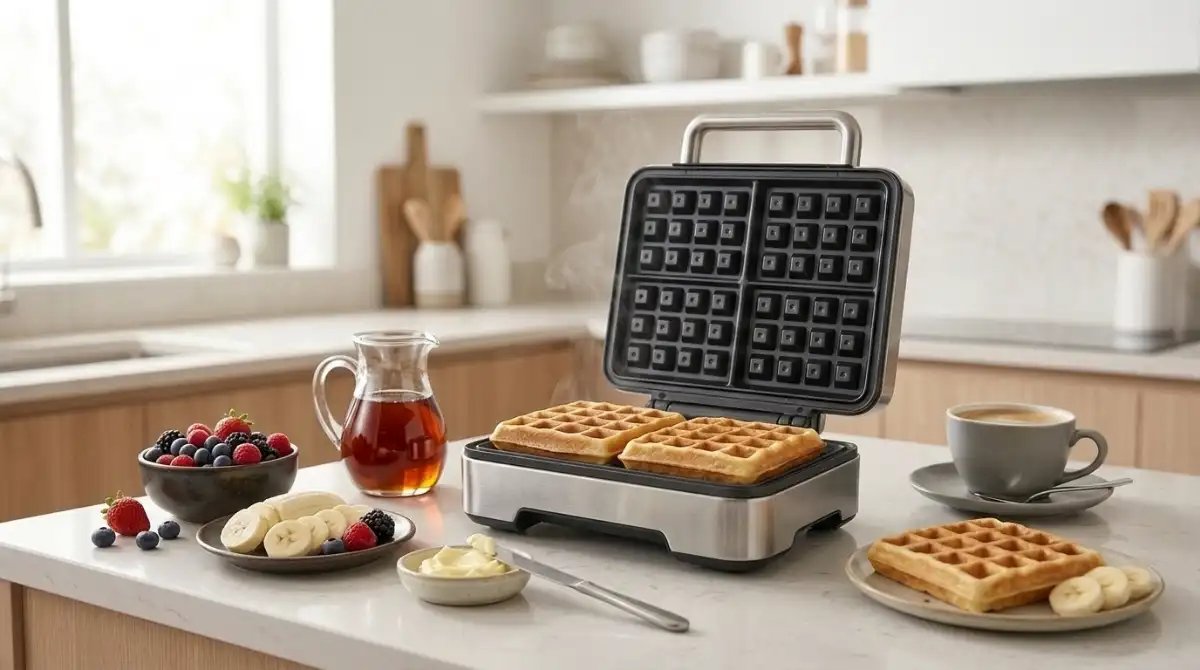 Best Waffle Makers (2026): Complete Buying Guide Modern nonstick waffle maker cooking golden homemade waffles on a kitchen countertop with fresh fruit and maple syrup