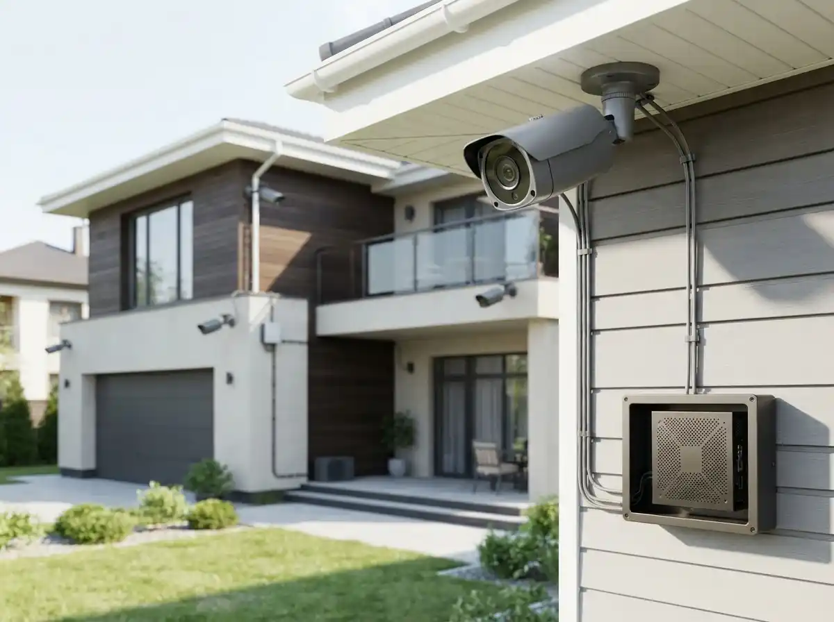 Best Wired Security Camera Systems 2026: Top 10 Expert Reviews Modern wired security camera system installed on a residential property with multiple surveillance cameras monitoring the home exterior