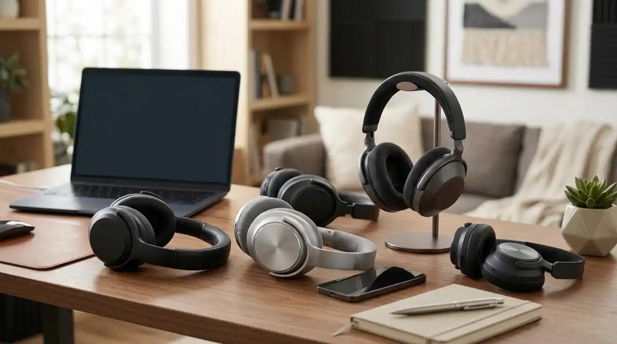 Best Wireless Headphones (2026): Top Picks by Category Premium wireless over-ear headphones displayed on a wooden desk with a smartphone and modern listening setup