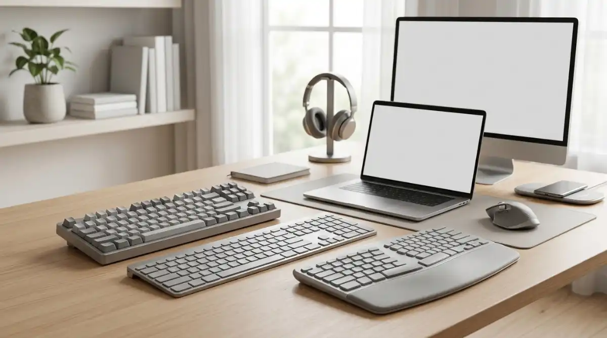Best Wireless Keyboards (2026): 12 Top Picks Reviewed Modern wireless keyboards arranged on a clean desk with a laptop, desktop computer, and wireless mouse in a minimalist workspace