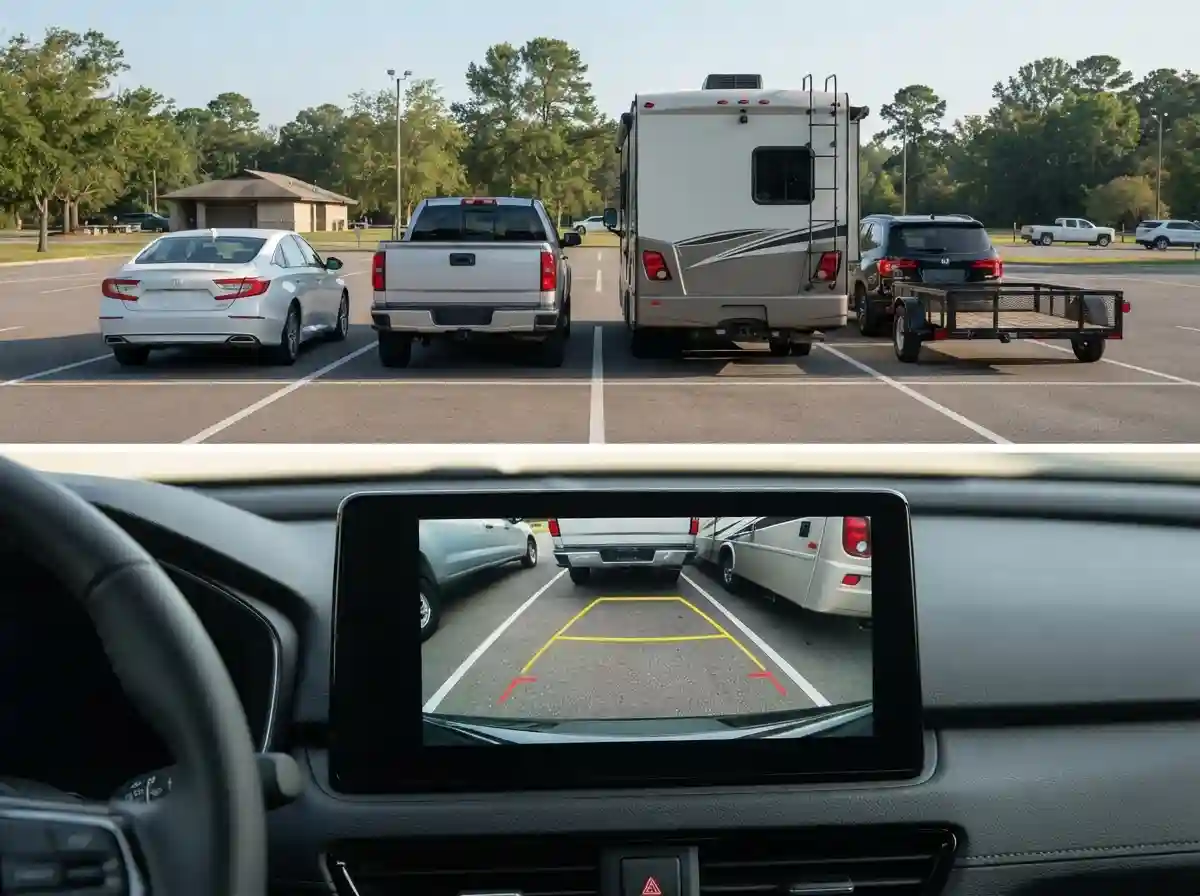 Best Backup Cameras for Cars, RVs & Trucks (2026) Modern backup camera system installed on a car with a clear rear view of a parking area suitable for cars, RVs, trucks, and trailers