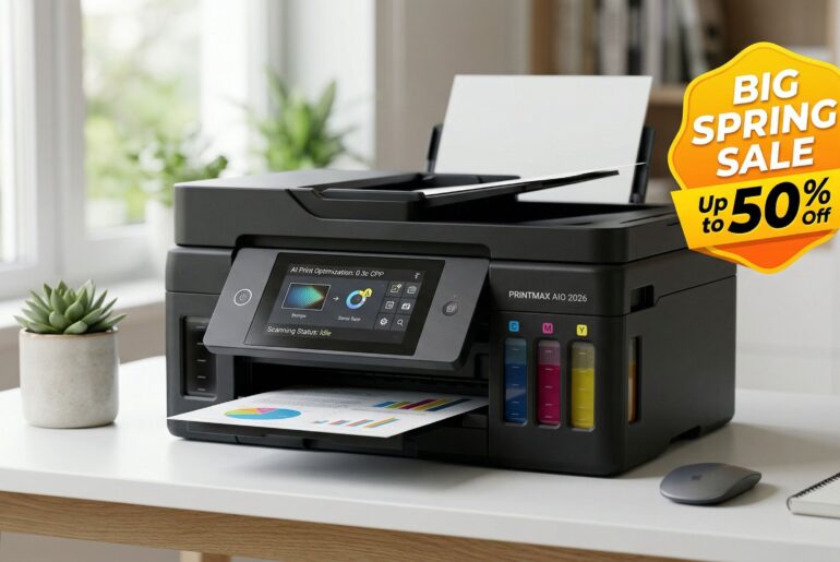 A high-performance 2026 ink tank printer with a high-brightness OLED display and visible ink levels, featured at 50% off during the Amazon Big Spring Sale.