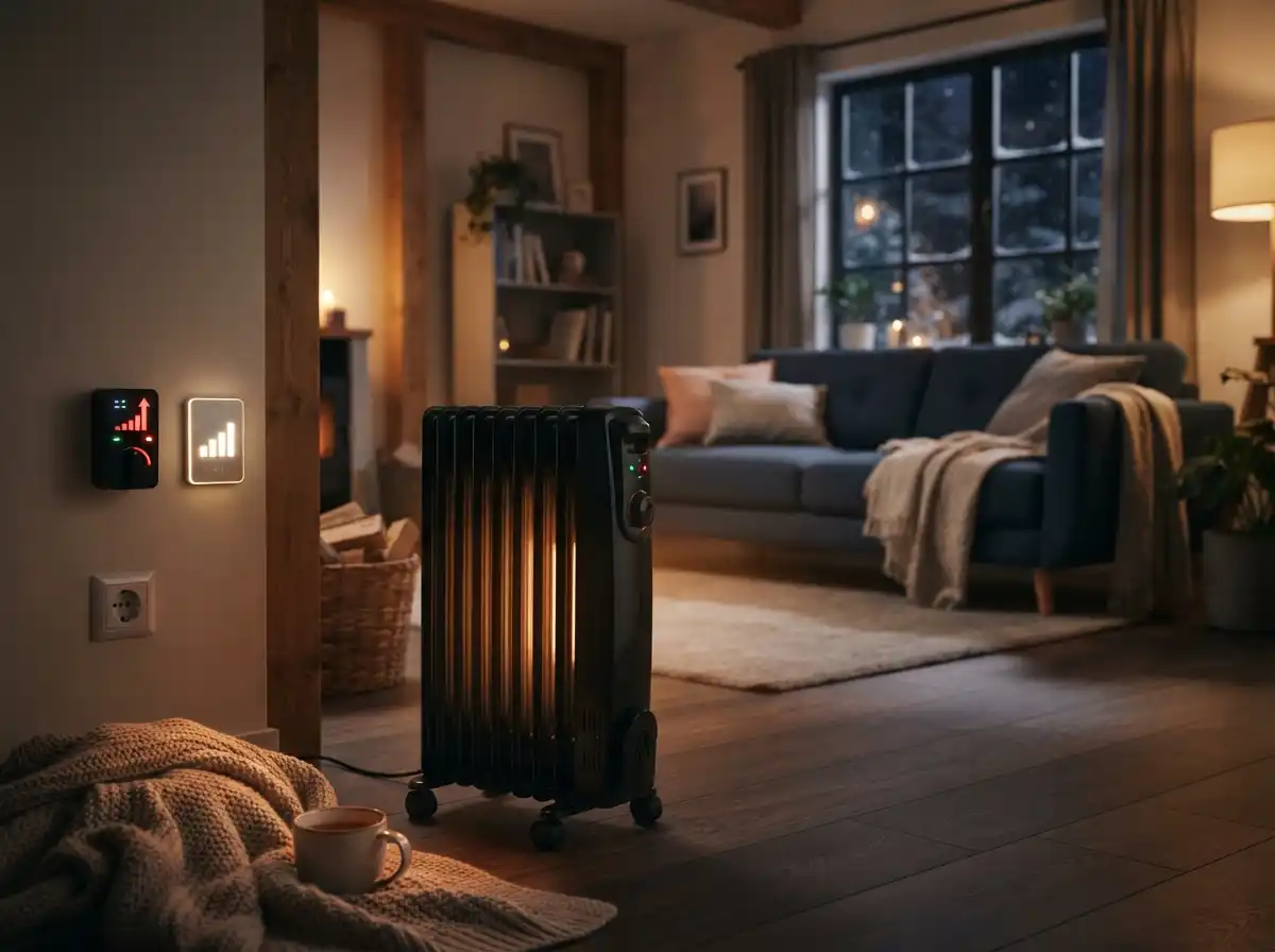 Electric Heater Running Cost: Complete 2026 Guide Modern electric heater operating in a living room with energy cost calculations and electricity bill savings