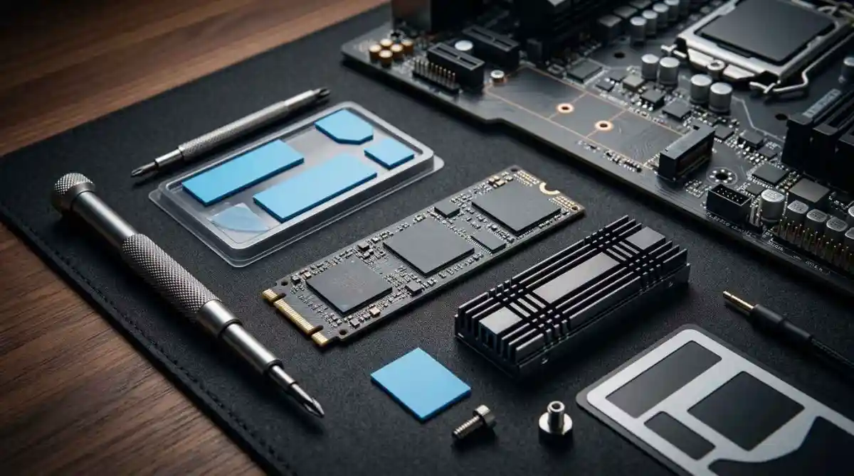 How to Replace NVMe Gen 6 Thermal Pads (2026): Complete Guide to Lowering Temps NVMe SSD with thermal pads and heatsink prepared for installation on a desktop PC motherboard