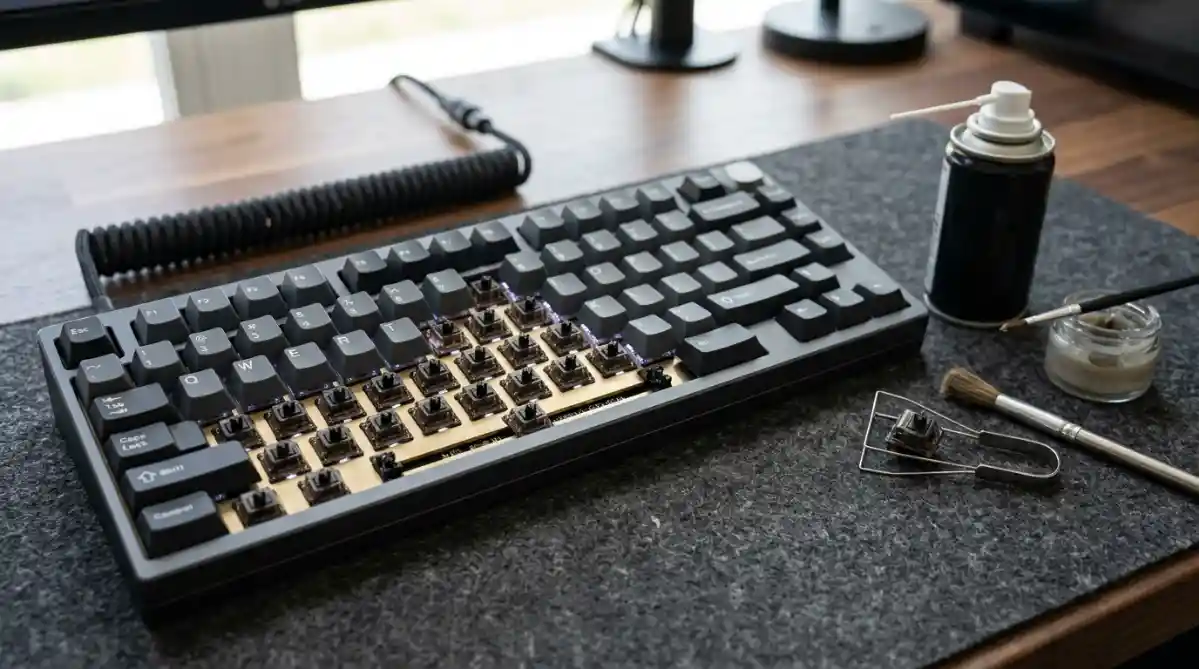 Repairing Mechanical Keyboard Chatter: Complete Guide 2026 Technical keyboard with key switches being repaired to fix keyboard chatter and double typing issues