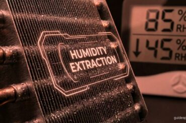 A technical visualization of AC evaporator coils performing latent heat extraction, illustrating the beading of moisture and the reduction of relative humidity (RH) levels.