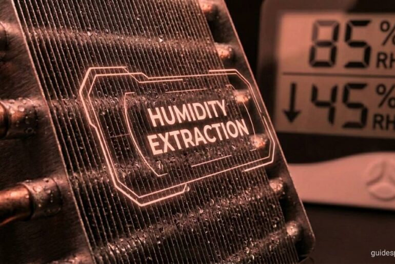 A technical visualization of AC evaporator coils performing latent heat extraction, illustrating the beading of moisture and the reduction of relative humidity (RH) levels.