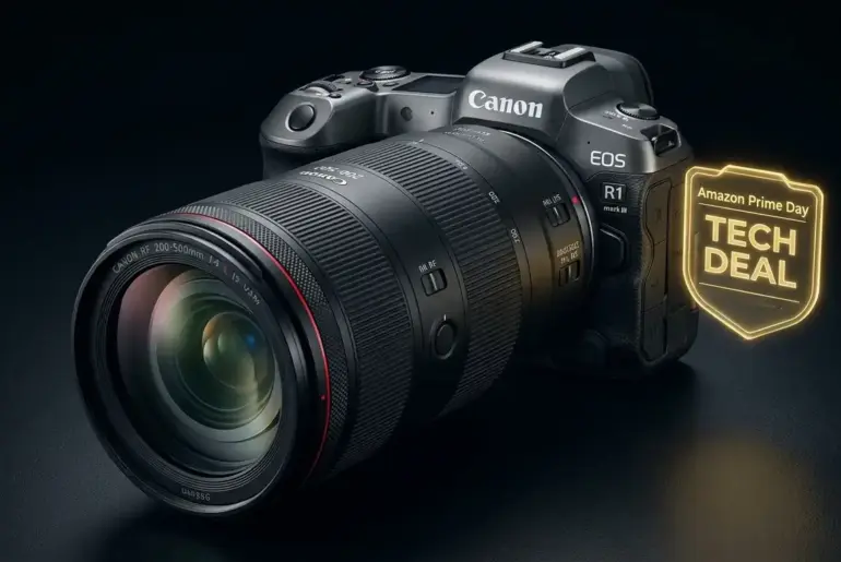 Technical visualization of Canon mirrorless Prime Day deals, illustrating high-nit display performance and AI subject tracking benchmarks.