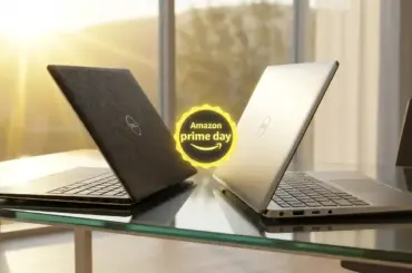A technical visualization of Dell laptop deals for Amazon Prime Day, illustrating NPU TOPS benchmarks and high-resolution display specs for the XPS and Inspiron series.