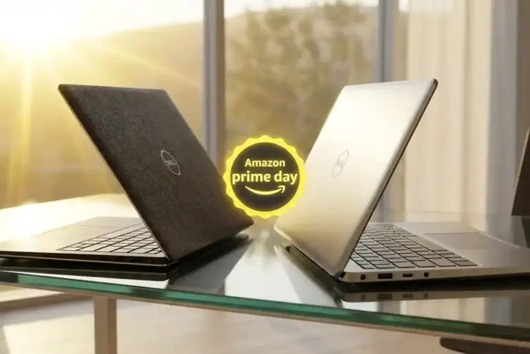 A technical visualization of Dell laptop deals for Amazon Prime Day, illustrating NPU TOPS benchmarks and high-resolution display specs for the XPS and Inspiron series.