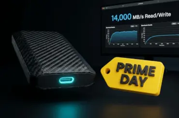 Technical visualization of Amazon Prime Day external storage deals, illustrating Thunderbolt 5 benchmarks and sustained write performance for pro-tier creators.