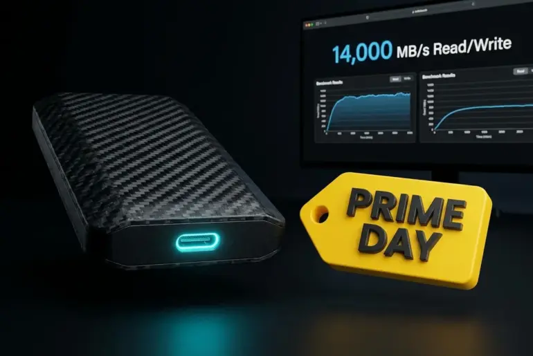 Technical visualization of Amazon Prime Day external storage deals, illustrating Thunderbolt 5 benchmarks and sustained write performance for pro-tier creators.