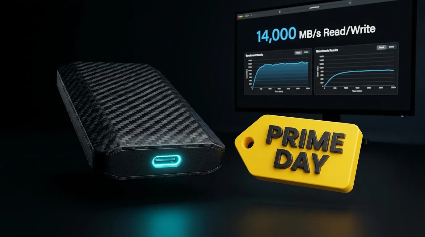 12 Best External Hard Drive Deals 2026: Top Prime Day Picks Technical visualization of Amazon Prime Day external storage deals, illustrating Thunderbolt 5 benchmarks and sustained write performance for pro-tier creators.