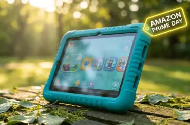A kids' tablet featuring a high-brightness 800-nit display and a 2-meter drop-rated rugged case, showcased as a top early deal for Amazon Prime Day.