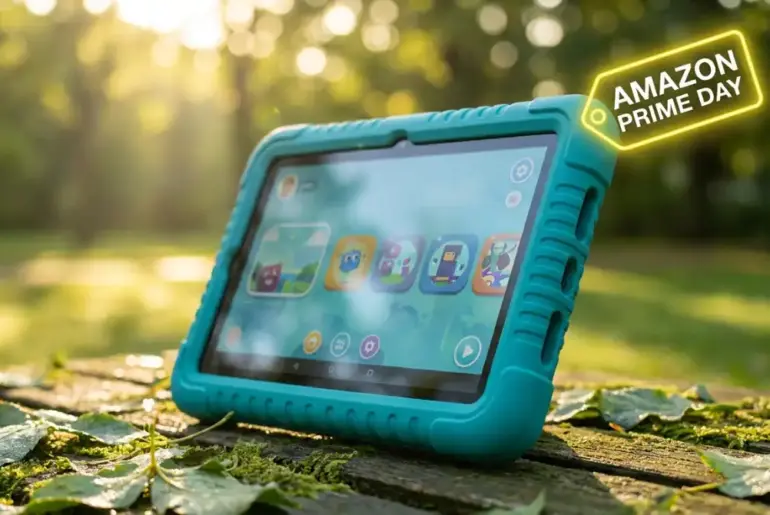 A kids' tablet featuring a high-brightness 800-nit display and a 2-meter drop-rated rugged case, showcased as a top early deal for Amazon Prime Day.