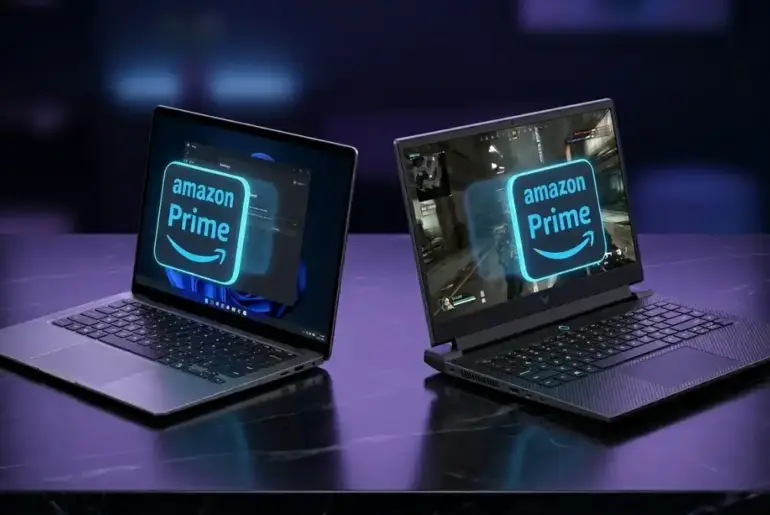 Technical visualization of Amazon Prime Day laptop deals under $1000, showcasing AI NPU and TGP performance benchmarks for pro-tier users.