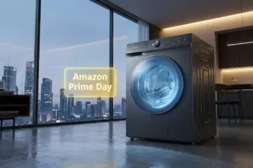 Technical visualization of Amazon Prime Day portable washing machine deals, illustrating UV-C sterilization and high-G extraction benchmarks for GuideSpot.