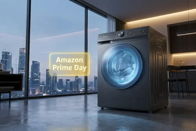 Technical visualization of Amazon Prime Day portable washing machine deals, illustrating UV-C sterilization and high-G extraction benchmarks for GuideSpot.
