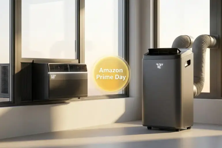 Technical Amazon Prime Day air conditioner benchmarks for GuideSpot, illustrating SACC BTU verification and high-CEER efficiency standards for the sale.