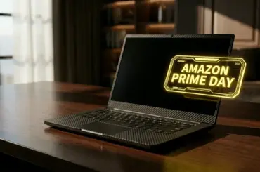 A technical visualization of Amazon Prime Day laptop deals for GuideSpot, illustrating the verification of NPU TOPS and TGP performance specs.