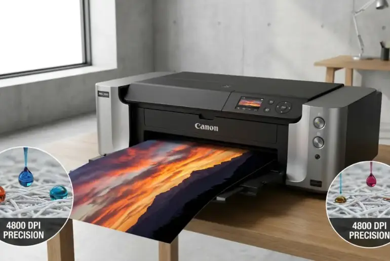 A photo printer benchmarks for Amazon Prime Day, illustrating high-DPI resolution and 8-color ink technology for professional home galleries.