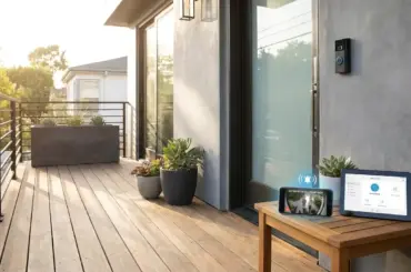 Ring video doorbell installed beside a front door with smartphone security alerts and live video monitoring