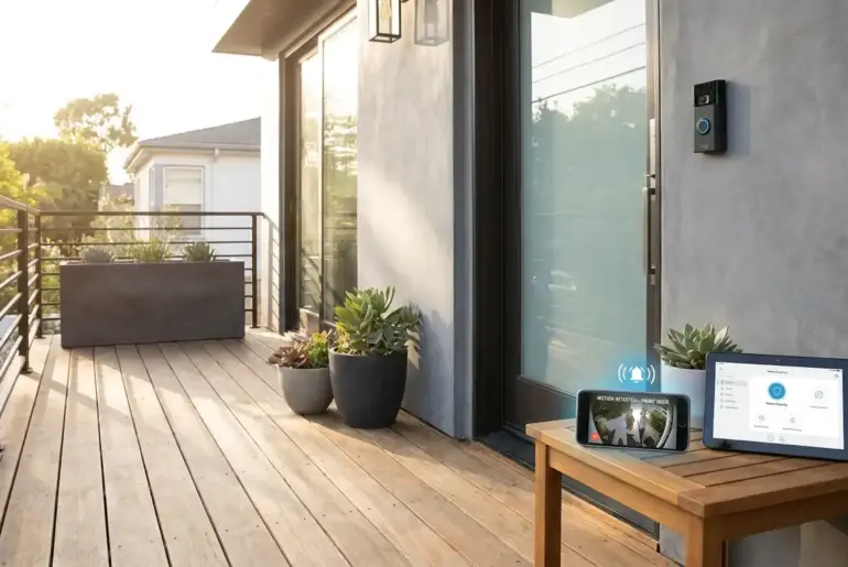 Ring video doorbell installed beside a front door with smartphone security alerts and live video monitoring