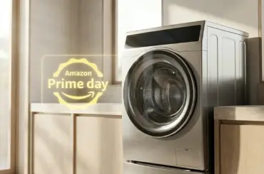 A smart washing machine with an integrated OLED AI interface and high-G-force extraction technology, featured during the Amazon Prime Day sale.