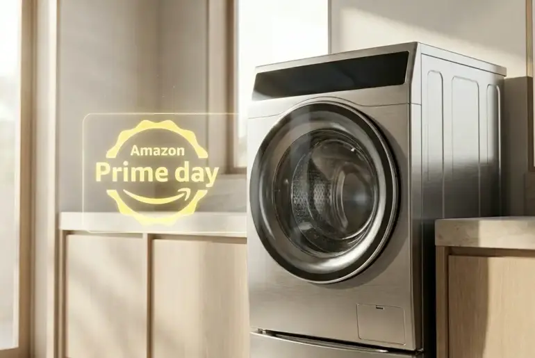 A smart washing machine with an integrated OLED AI interface and high-G-force extraction technology, featured during the Amazon Prime Day sale.