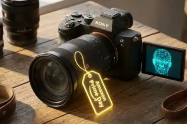 Technical visualization of Sony camera Prime Day deals for GuideSpot, illustrating AI-NPU autofocus tracking and high-bitrate 4K video benchmarks.