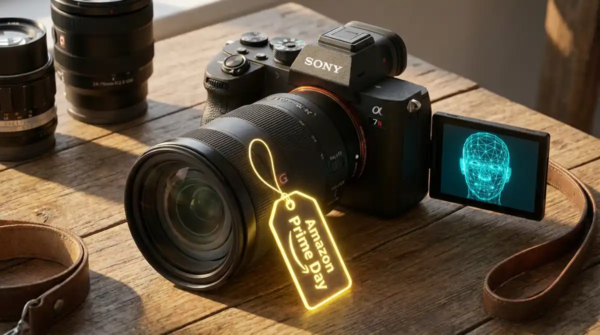 8 Best Sony Camera Deals 2026: Top Prime Day Tech Picks Technical visualization of Sony camera Prime Day deals for GuideSpot, illustrating AI-NPU autofocus tracking and high-bitrate 4K video benchmarks.