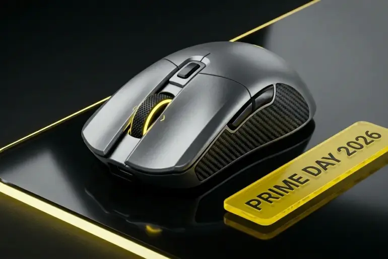 Technical visualization of Amazon Prime Day wireless mouse deals, illustrating 8,000Hz polling and 15 TOPS AI sensor benchmarks for competitive gaming.