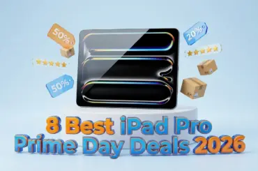 3D illustration of an Apple iPad Pro on a white pedestal, surrounded by floating discount tags and shipping boxes, with text '8 Best iPad Pro Prime Day Deals 2026.