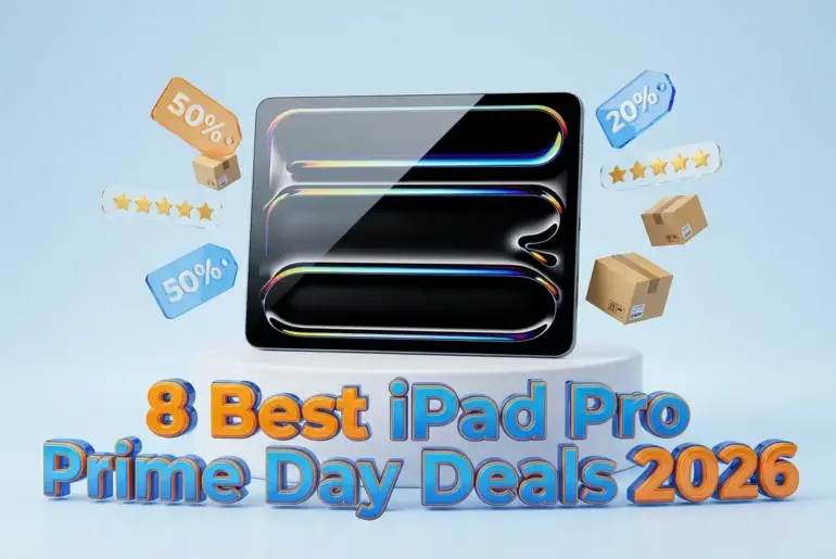 3D illustration of an Apple iPad Pro on a white pedestal, surrounded by floating discount tags and shipping boxes, with text '8 Best iPad Pro Prime Day Deals 2026.