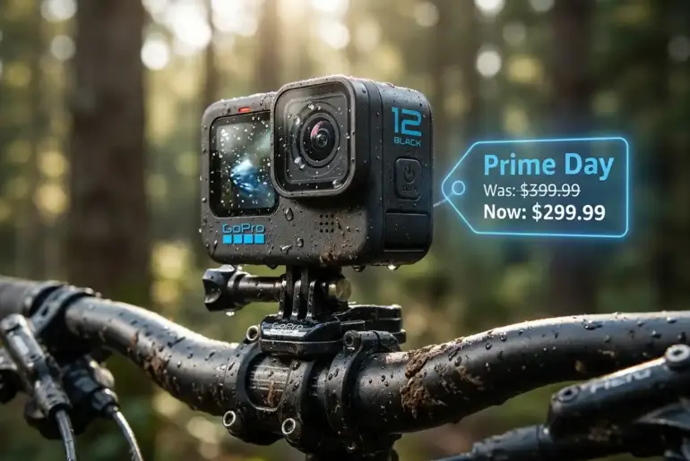 A GoPro Hero action camera mounted for an adventure, highlighting the Prime Day price drop and deal value.
