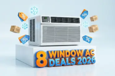 3D illustration of a modern window air conditioner on a white pedestal, surrounded by discount tags, shipping boxes, and snowflakes, with text '8 Window AC Deals 2026.