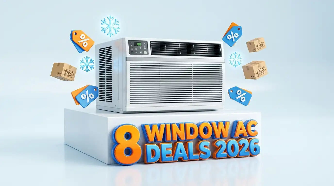 8 Window AC Discounts Amazon Prime Day 2026: Best Cooling Deals 3D illustration of a modern window air conditioner on a white pedestal, surrounded by discount tags, shipping boxes, and snowflakes, with text '8 Window AC Deals 2026.