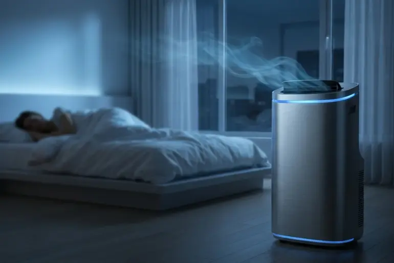 A sleek portable air conditioner providing silent cooling in a peaceful bedroom at night to illustrate the best quiet AC units under 45dB.