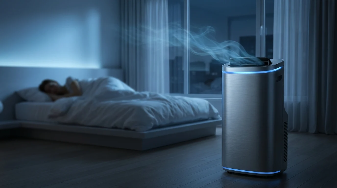 12 Best Quiet AC Deals 2026: Top SACC & sub-45dB Picks A sleek portable air conditioner providing silent cooling in a peaceful bedroom at night to illustrate the best quiet AC units under 45dB.