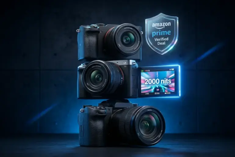 A stack of professional vlogging cameras featuring an Amazon Prime Verified Deal shield for Prime Day top 4K camera picks.