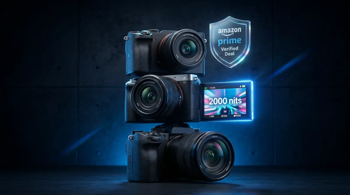 10 Best Vlogging Cameras Prime Day 2026: Top AI & 4K Picks A stack of professional vlogging cameras featuring an Amazon Prime Verified Deal shield for Prime Day top 4K camera picks.