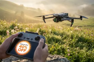 Close up of hands holding a drone remote controller featuring a 40% off Prime Day deal with a high-end drone flying over a scenic flower field at sunset.