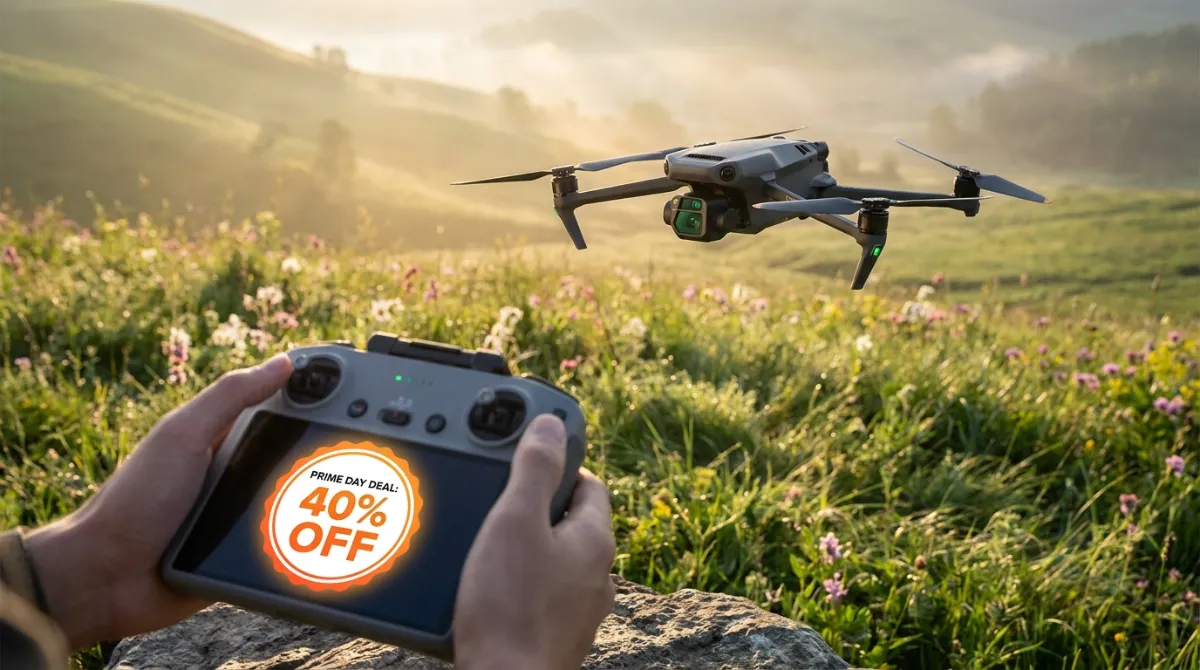 12 Best DJI Drone Deals 2026: Top Prime Day Tech Picks Close up of hands holding a drone remote controller featuring a 40% off Prime Day deal with a high-end drone flying over a scenic flower field at sunset.