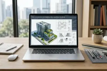 Modern laptop displaying architectural building designs, CAD software, and 3D modeling workspace for architecture students